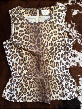 Kate Spade NY Leopard Print Brown/Tan Peplum Blouse | Silk+ Sleeveless | Size: 0